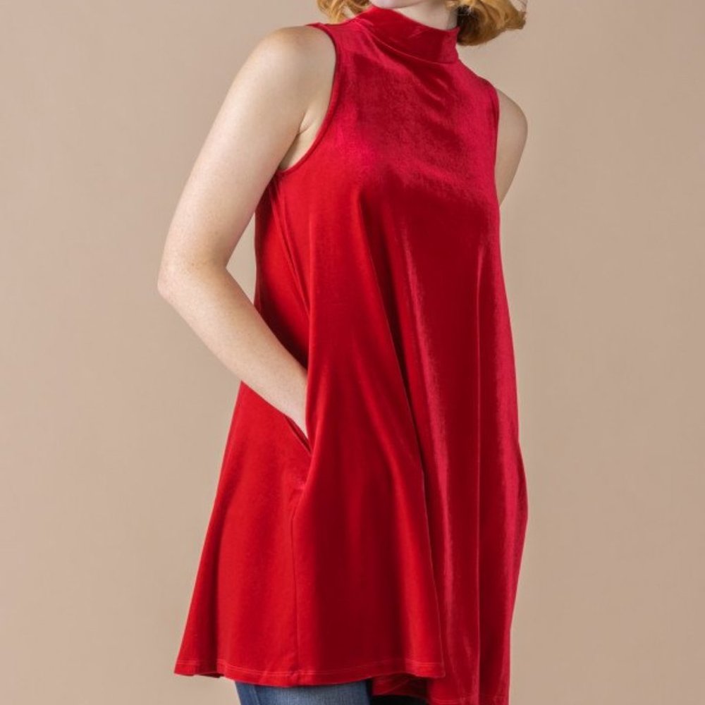 Agnes & Dora Red Velvet Mock Neck Swing Tank